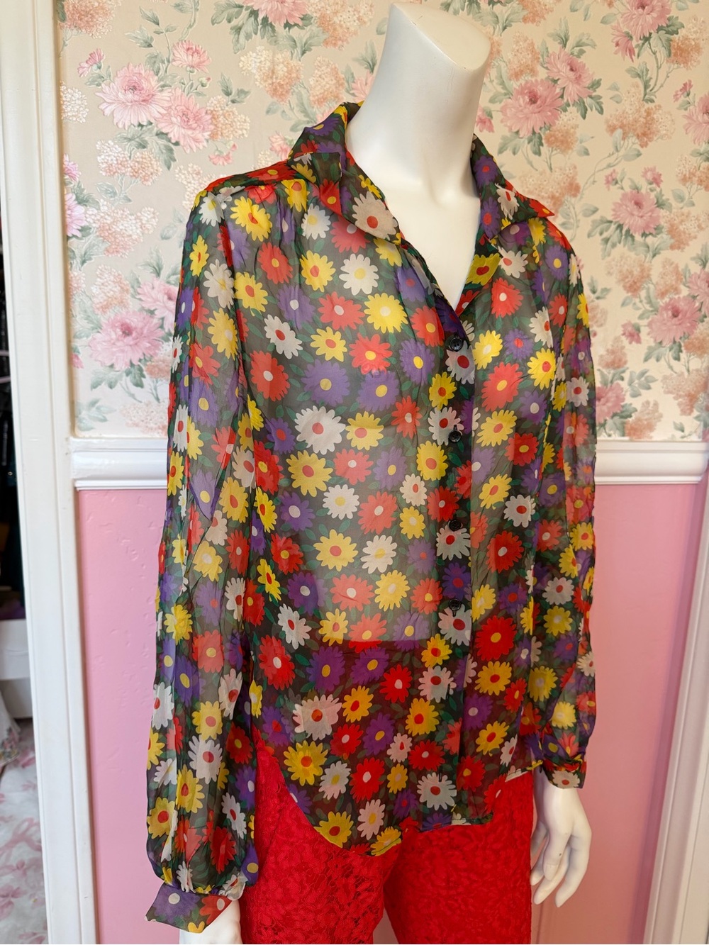 100% silk Sheer Floral Button-Front Blouse - Multicolor